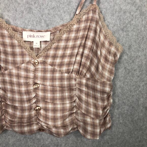 Pink Rose Tank Crop Medium‎ Lace Trim Ruched Preppy Coquette Cowgirl Y2K 90s - Picture 2 of 10